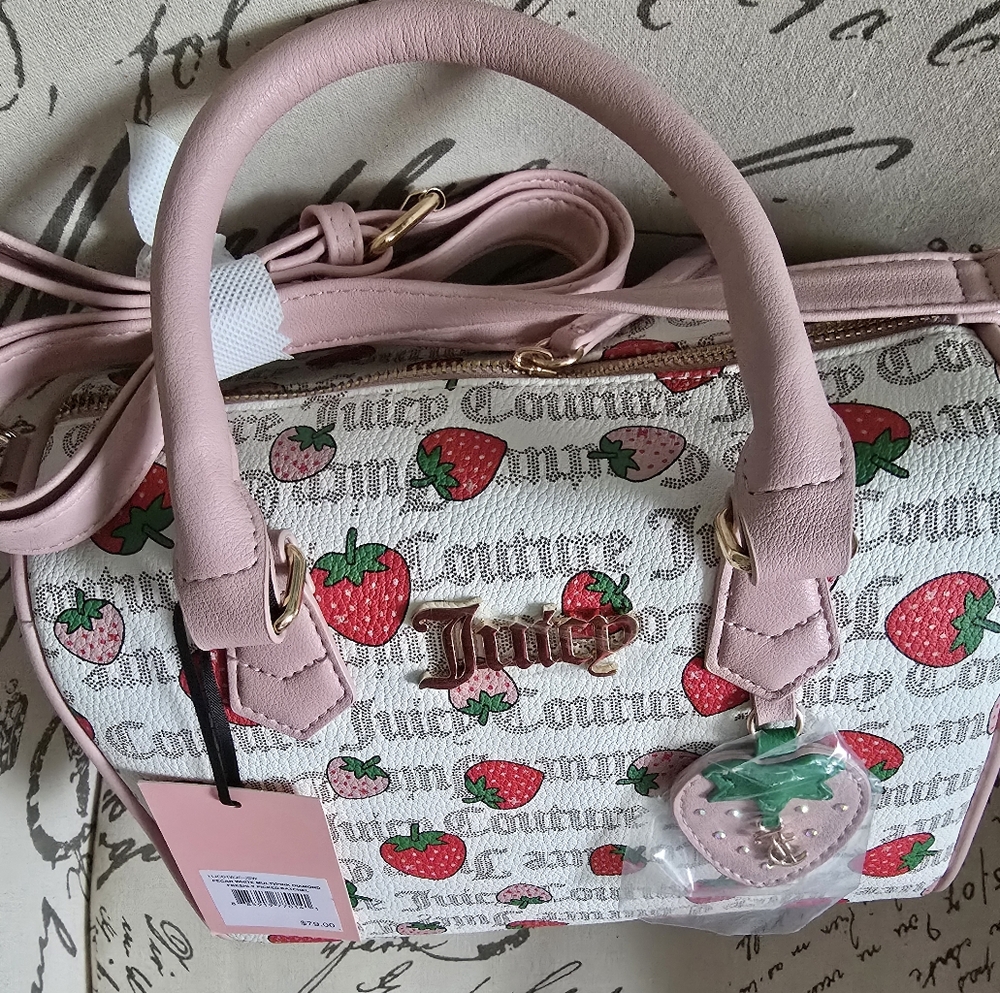 Juicy Couture Freshly Picked π Strawberry Satchel In Pecan White/pink Diam. NWT - Picture 16 of 16